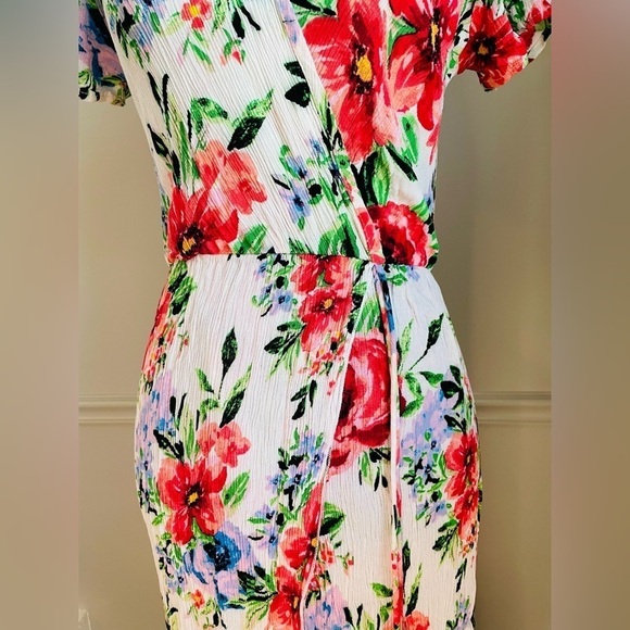 WOMEN’S White Floral V Neck Faux Wrap Midi Dress Size L - Picture 6 of 11